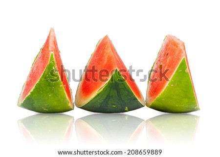 Three sliced Piece of fresh Watermelon mirrored and isolated on white Background
