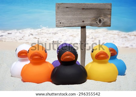 Six colorful rubber ducks and a wooden sign on the beach with the ocean in the background