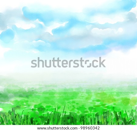 Sky, clouds, huge green field, spring, summer,landscape. Drawing is executed in equipment a water color