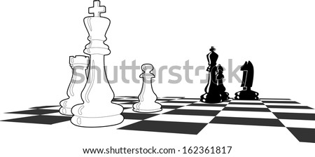 Chess match with few figures left, final stages, final shoot down, black and white vector illustration