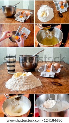 Set of photo related with baking cake process. These are: beating egg whites, cone flour with butter, glass of milk, halved eggs and spoon with flour.