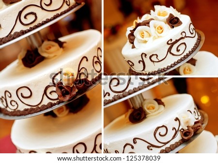 Wedding cake details. Chocolate roses, patterns and white cream.