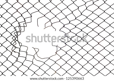 hole in the wire mesh fence at white background