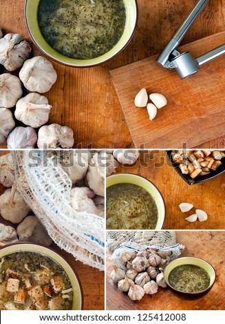 Set of a garlic soup. Soup with cheese and croutons. Traditional Czech and Slovak dish.