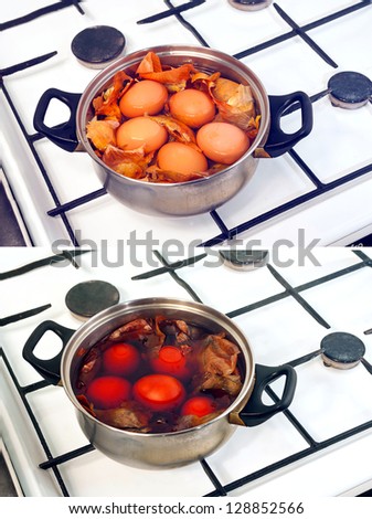 cooking eggs for Easter. Traditional coloration eggs with slate or onion skin.