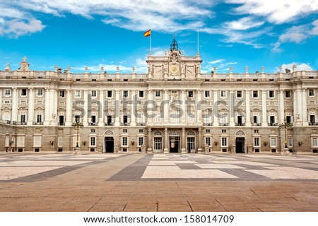 Front view of Palacio Real de Madrid (Royal Palace of Madrid), Spain - main gate.