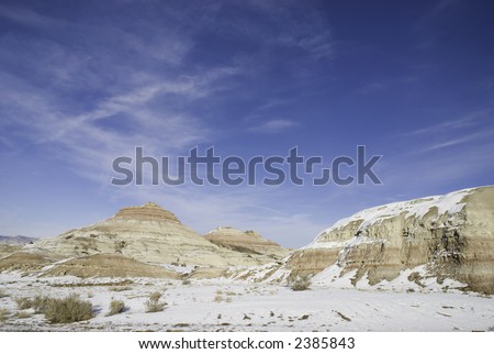 Snow in the badlands above Redlands Mesa Golf Course off South Camp Road, Grand Junction, Colorado