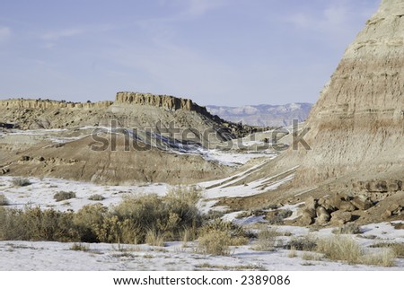 Badlands in winter near Grand Junction, Colorado with melting snow