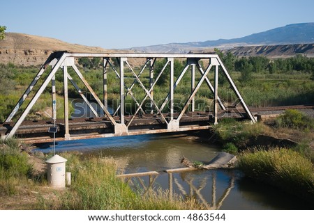 Solar powered water flow meter with stream and railroad trestle