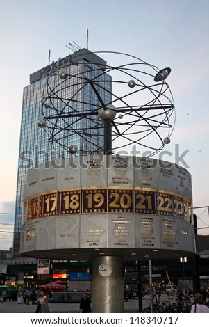 BERLIN - AUGUST  5: World clock in Alexanderplatz on 5 August 2010 in Berlin, Germany. Alexanderplatz is a large square and transport hub, named in honor of a visit of the Russian Emperor Alexander I