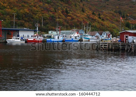Fishing Boats moored to the pier in Petty Harbor ? Maddox Cove located on the East Shore of Avalon Peninsula in Newfoundland deep in Motion Bay of Atlantic Ocean in October.
