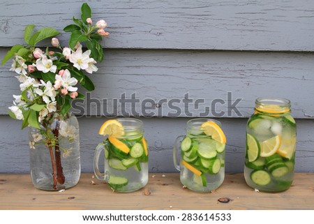 In hot summer day on the table decorated with apple tree blooms is served Naturally Flavored (Infused) Cucumber water with ice cubs, lemon, lime slides in Glass Jars