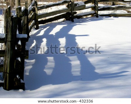Wooden fence Wooden fence in the winter time and its shadow over the snow.