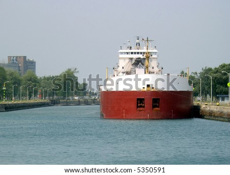 A huge lake barge. A big barge waiting to go out from Welland canal in Ontario,