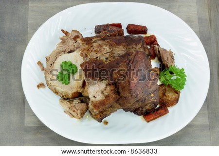 Roasted pork meat. Roasted pork meat in dish.