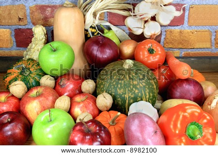 Vegetables and Fruits. Assorted vegetables and fruits typical for the fall and winter time of the year.
