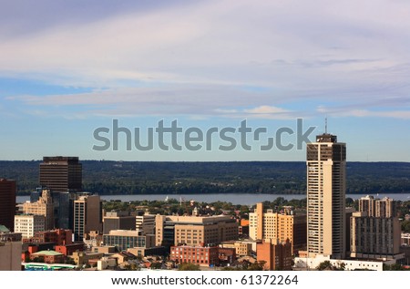 Still Picture of downtown Hamilton, Ontario, Canada and the Lake Ontario on background.