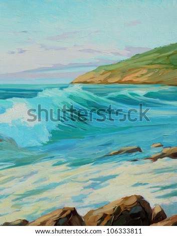 mediterranean landscape with turquoise wave, illustration, painting by oil on a canvas