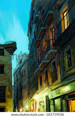 evening in gothic quarter of barcelona, painting,  illustration