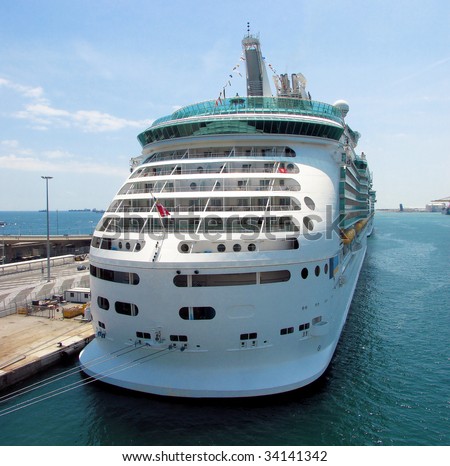 passenger ship prepares at cruise in port of Barcelona, Spain