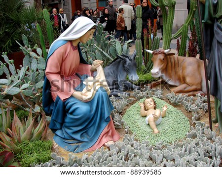 BARCELONA - DECEMBER 3, Maria. Outdoor nativity scene of life-sized figurines on area Sant Jaume, December  3, 2009 Barcelona, Spain. Author of project Association Nativity scene Barcelona