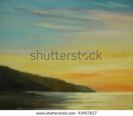 sunrise on mediterranean sea, painting by oil on a cardboard, illustration