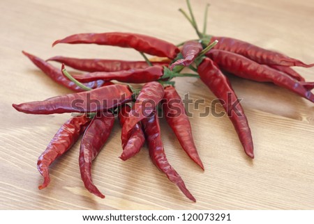 Red dry chillies on wooden background