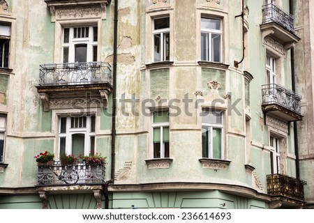 Beautiful old house with balconies. Czech architecture.