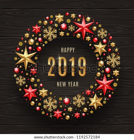 2019 New Year greeting illustration. New year greeting in frame which is made from holiday decor on a dark wooden background.
