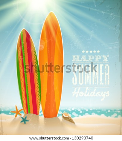 Vector holidays vintage design surfboards on a beach against a sunny seascape Vector holidays vintage design surfboards on a beach against a sunny seascape