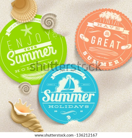 Summer Vacation And Travel Labels And Sea Shells On A Beach Sand - Vector Illustration. (Elements Outside Of The Art-Board Is Not Cut Off - They With Clipping Mask)