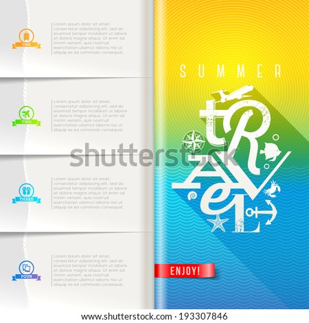 Booklet template with infographic elements summer travel greeting sign on pattern paper pages vector design Booklet template with infographic elements summer travel greeting sign on pattern paper pages vector design