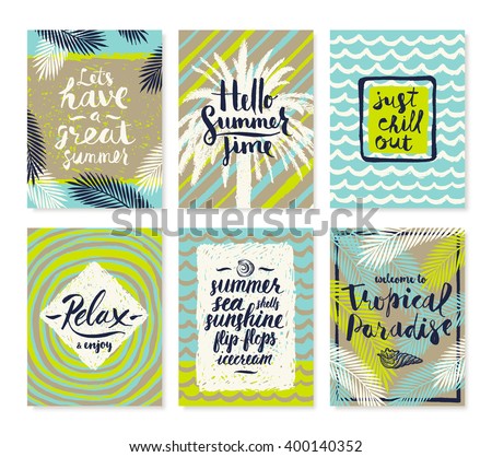 Set of summer holidays and tropical vacation hand drawn posters or greeting card with handwritten calligraphy quotes, phrase and words. Vector illustration.