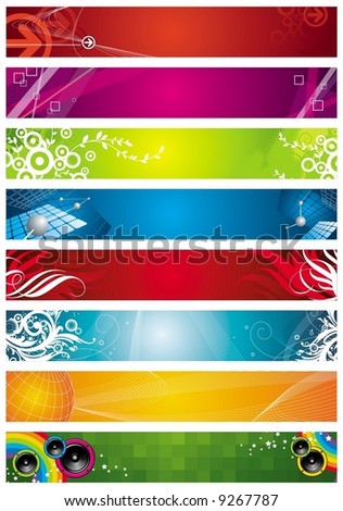 Eight banners on different themes multi-coloured Eight banners on different themes multi-coloured