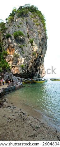 boats near James Bond (Ko Tapu) island vertical panorama, Thailand
