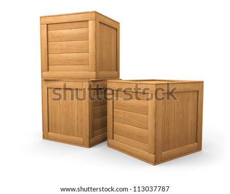 A pile of two and one wooden boxes isolated on white