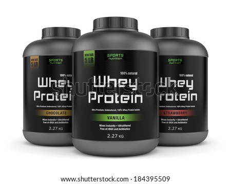 Sports nutrition, bodybuilding supplements: three jars of vanilla, chocolate and strawberry flavored whey protein isolated on white background. - stock photo