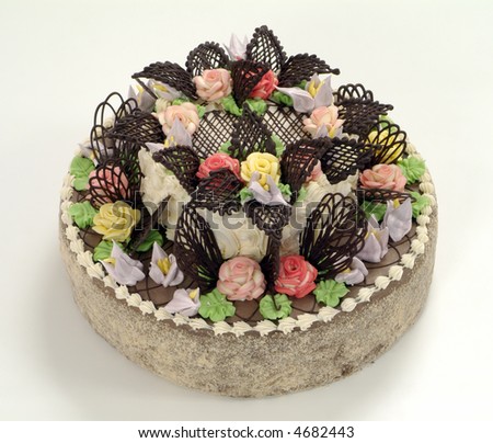 stock photo : A whole dark chocolate cake with chocolate icing and chocolate 