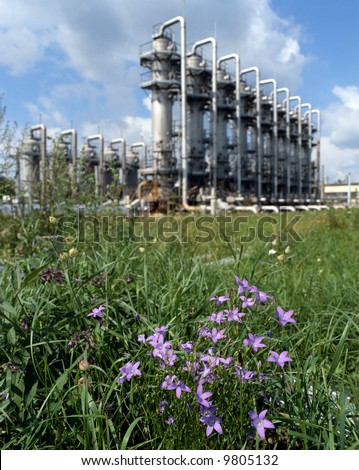 Spring day on gas plant. Gas industry  storage facilities.