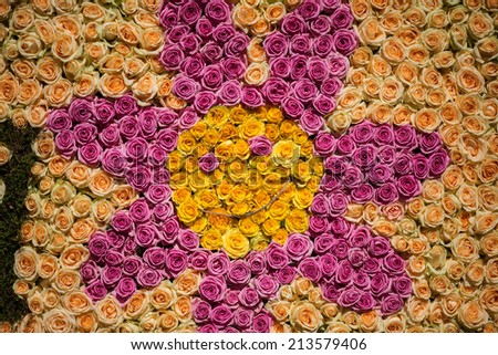 The ornament of nice violet sun on background of peach-colored roses made of roses