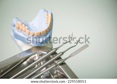 Portrait of the false tooth lying near the steel dentist equipment on white surface