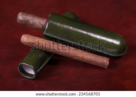 Wonderful Cuban cigar lying in the green leather cigar case on the wooden table