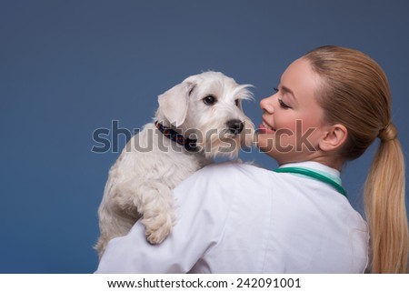 Each tiny patient will steal your heart. A young female vet holding an adorable dog and standing from behind against blue background