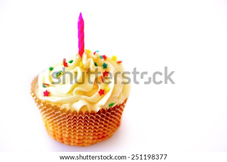 Birthday cupcake. Closeup top view of bright cupcakes with a birthday candle isolated in white background