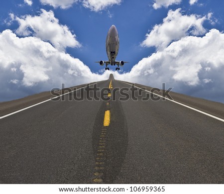 Aircraft with gear down landing on road in the sky