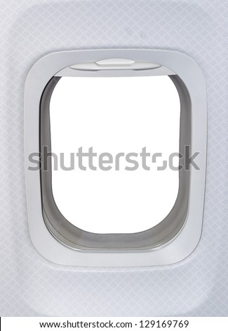 Airplane window. View has been removed and replaced with white