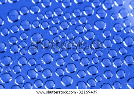 Dew drops from back side of glass on blue