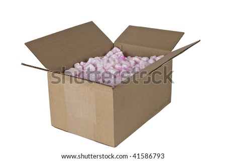 Open cardboard box with packing peanuts isolated on white