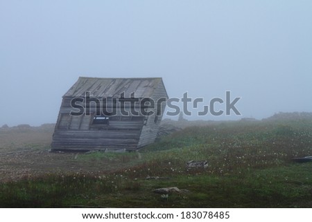 Deserted weathered cabin in Nordic landscape