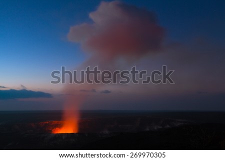 Starry night photos of erupting volcano in Hawaii Volcanoes National Park, Big Island, Hawaii. Night photos, multiple minute exposure.